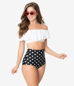 Unique Vintage Black & White Dotted Button High Waist Louise Swim Bottoms