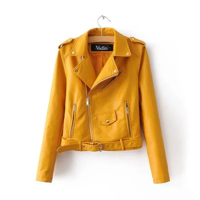 women candy color faux PU leather short motorcycle jacket zipper pockets sexy punk coat ladies casual outwear tops casaco CT1293