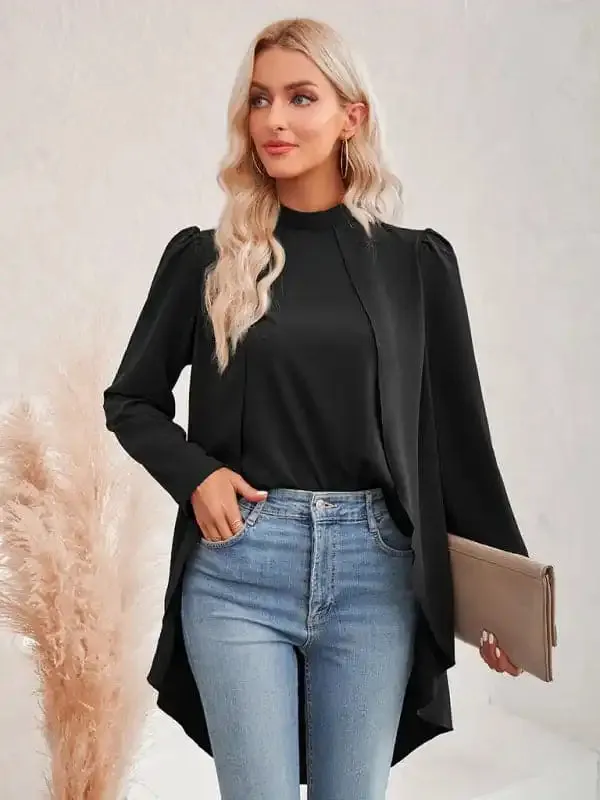 Women’s Casual Solid Color Half Turtleneck Long Sleeves Fake Two Piece Shirt