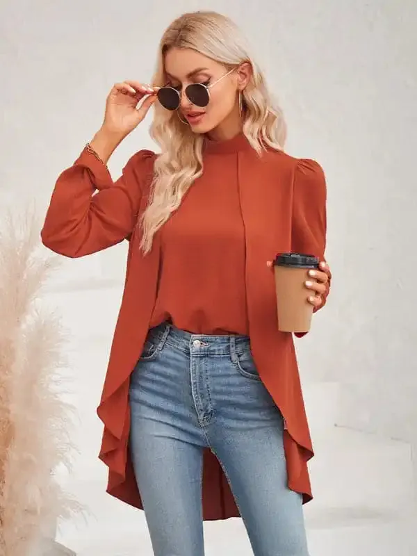 Women’s Casual Solid Color Half Turtleneck Long Sleeves Fake Two Piece Shirt