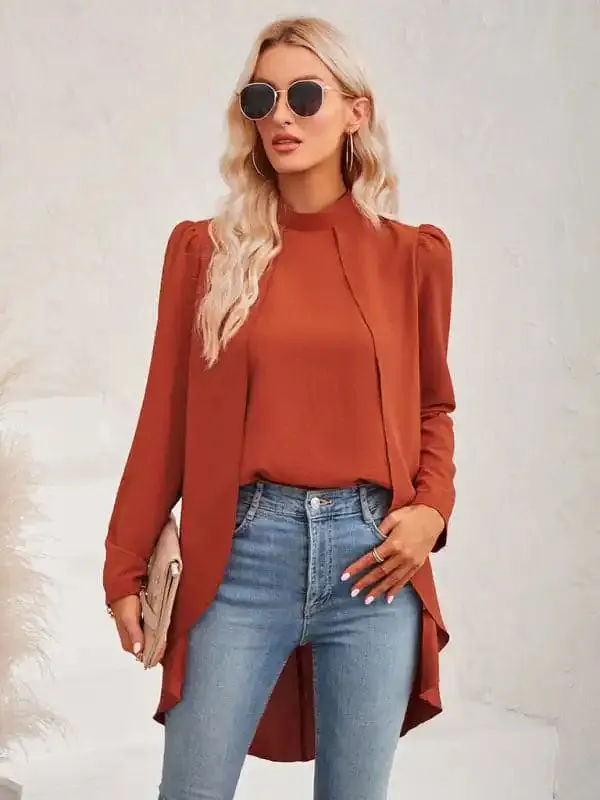 Women’s Casual Solid Color Half Turtleneck Long Sleeves Fake Two Piece Shirt