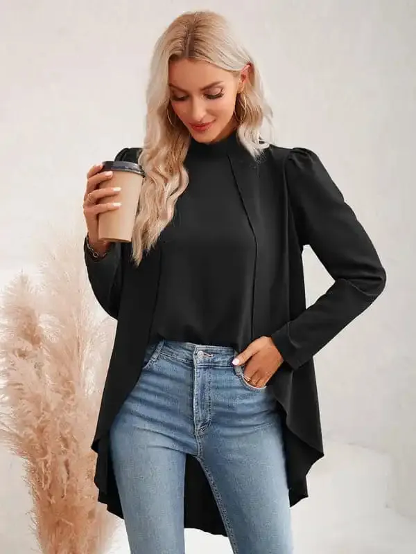 Women’s Casual Solid Color Half Turtleneck Long Sleeves Fake Two Piece Shirt