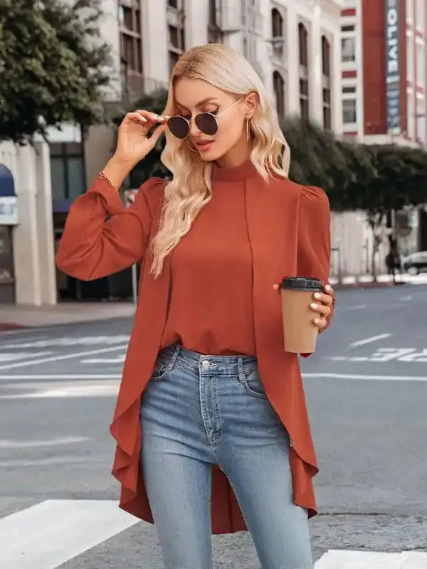 Women’s Casual Solid Color Half Turtleneck Long Sleeves Fake Two Piece Shirt