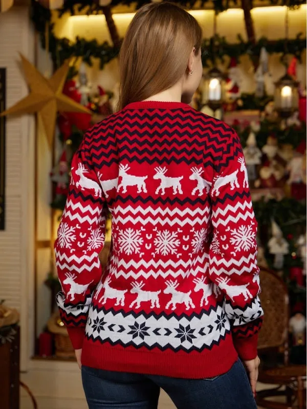 Women's Christmas Crew Neck Elk Jacquard Long Sleeve Sweater