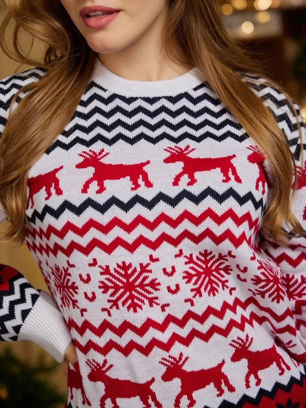 Women's Christmas Crew Neck Elk Jacquard Long Sleeve Sweater