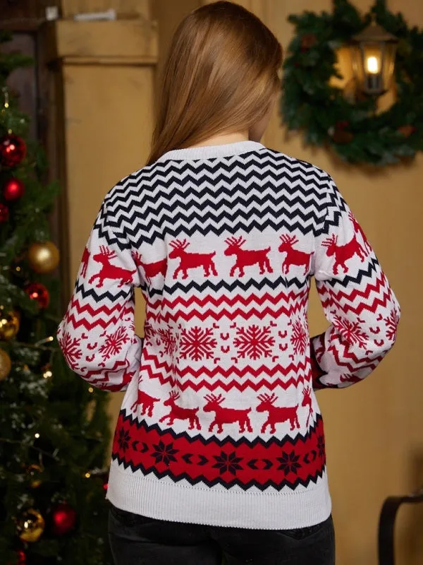 Women's Christmas Crew Neck Elk Jacquard Long Sleeve Sweater