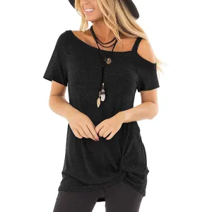 Women's Cold Shoulder Tops Summer Short Sleeve Casual Twist Knot Blouse T-Shirt