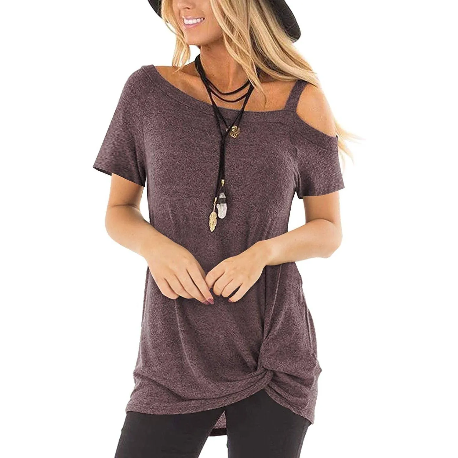 Women's Cold Shoulder Tops Summer Short Sleeve Casual Twist Knot Blouse T-Shirt