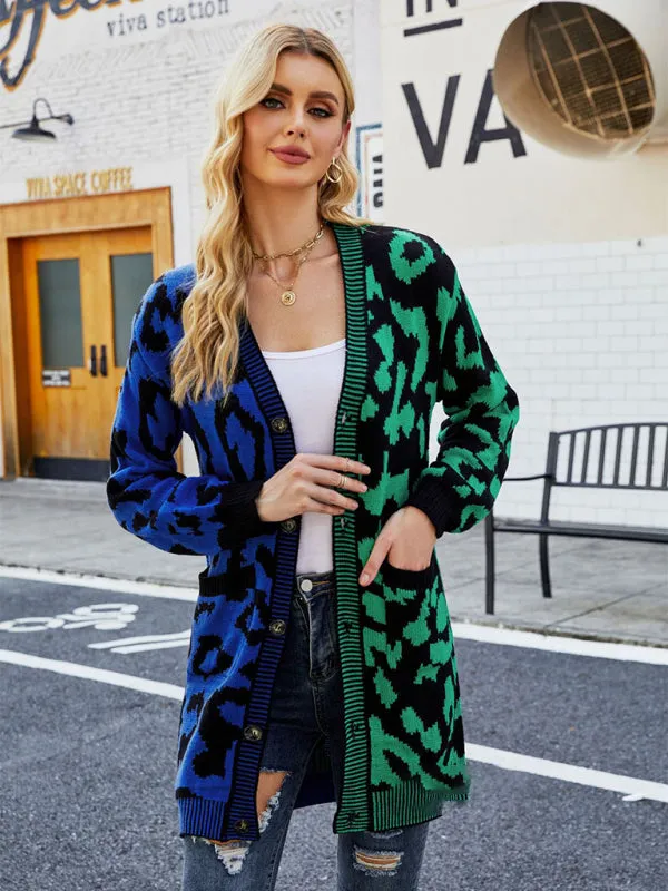 Women's Color Block Leopard Print Pattern Cardigan