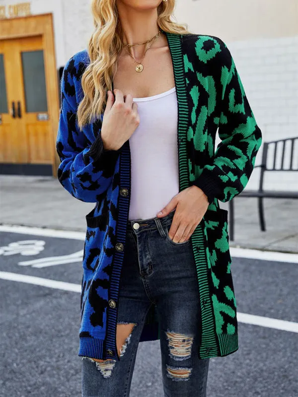 Women's Color Block Leopard Print Pattern Cardigan