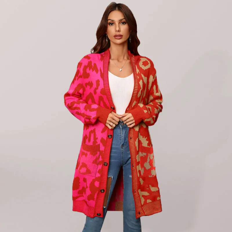 Women's Color Block Leopard Print Pattern Cardigan