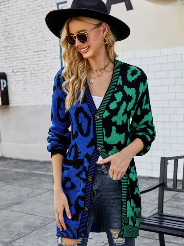 Women's Color Block Leopard Print Pattern Cardigan