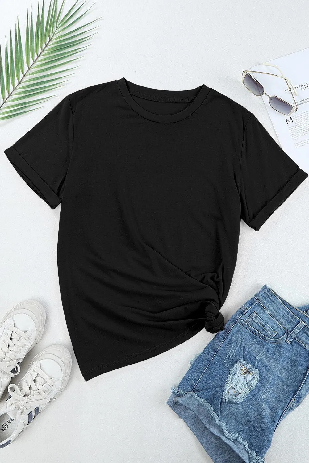 Womens Crew Neck Summer Casual Loose Fit Black T-Shirt