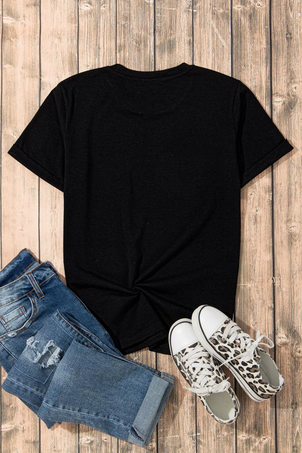 Womens Crew Neck Summer Casual Loose Fit Black T-Shirt