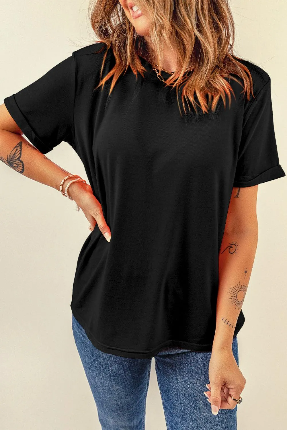 Womens Crew Neck Summer Casual Loose Fit Black T-Shirt