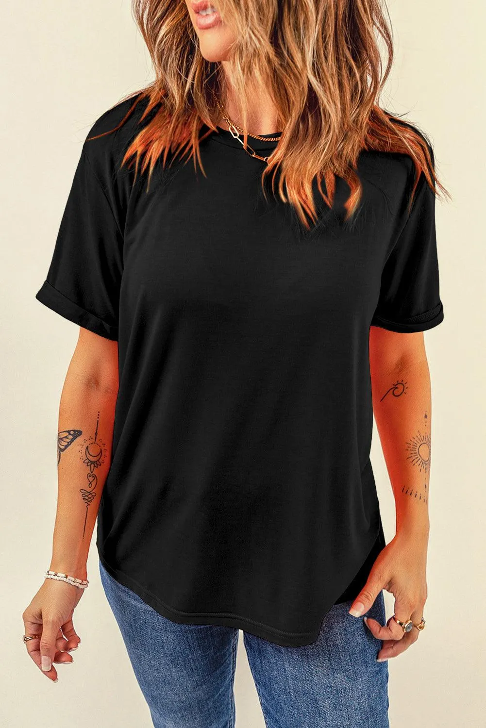 Womens Crew Neck Summer Casual Loose Fit Black T-Shirt