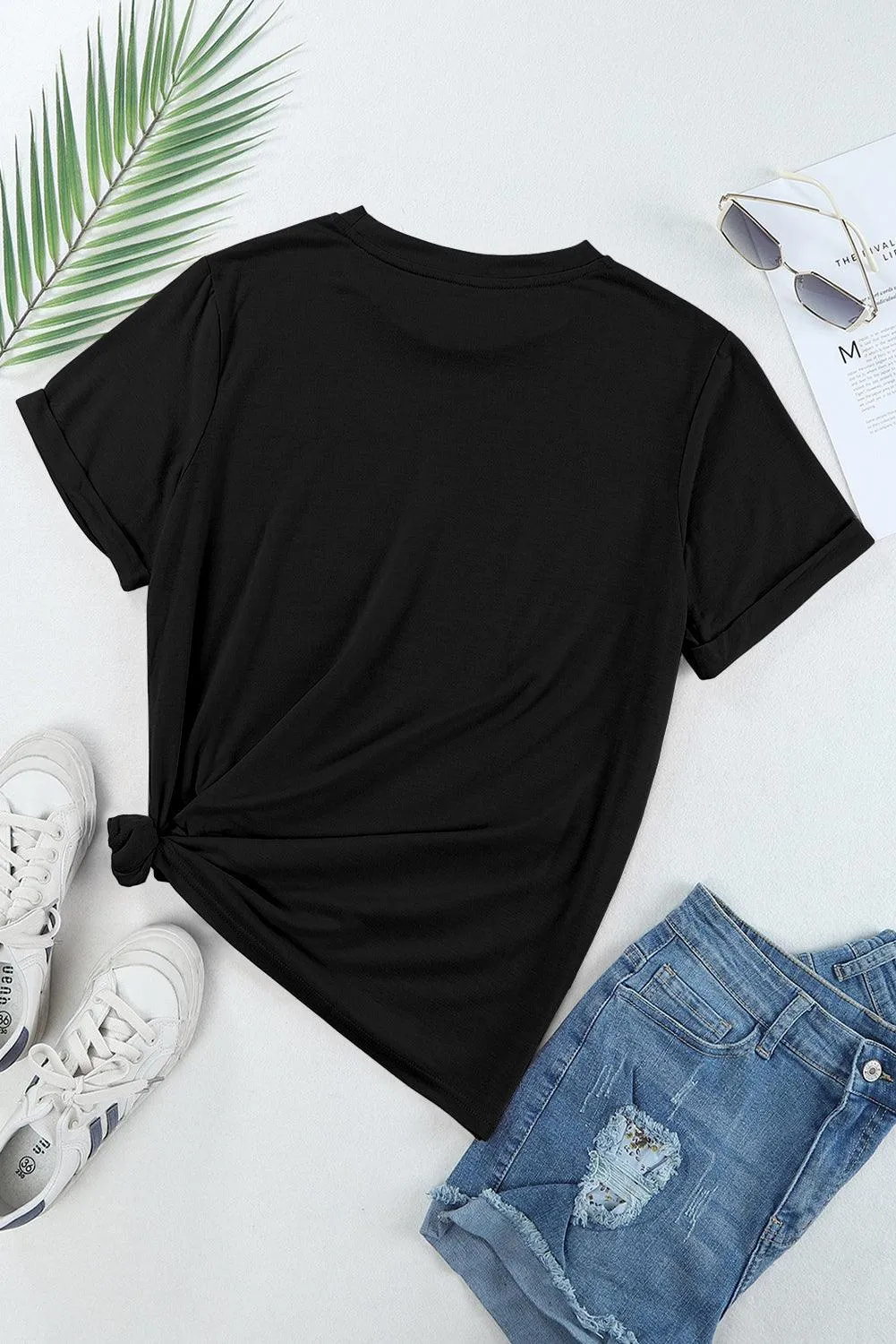 Womens Crew Neck Summer Casual Loose Fit Black T-Shirt