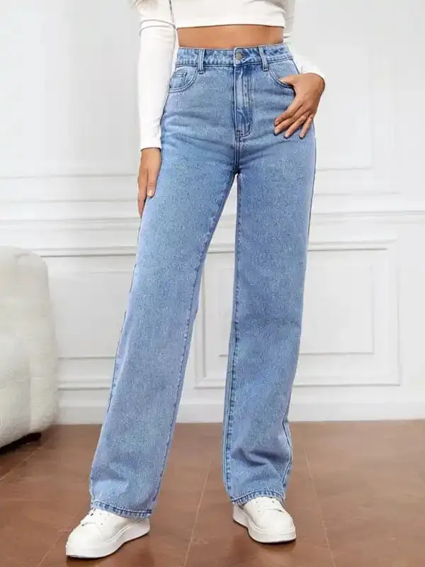 Women’s High Waist Washed Straight Leg Jeans