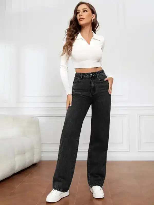 Women’s High Waist Washed Straight Leg Jeans