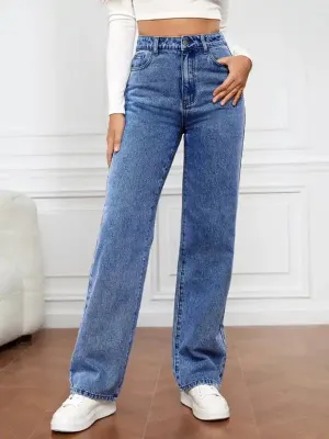 Women’s High Waist Washed Straight Leg Jeans