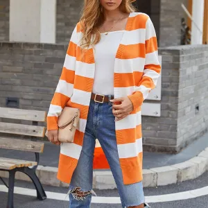 Women's knitted sweater long color contrast striped cardigan sweater