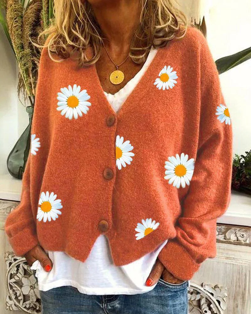 Women's Knitwear Single-breasted Autumn Chrysanthemum Embroidered Jacket Sweater Women's Clothing