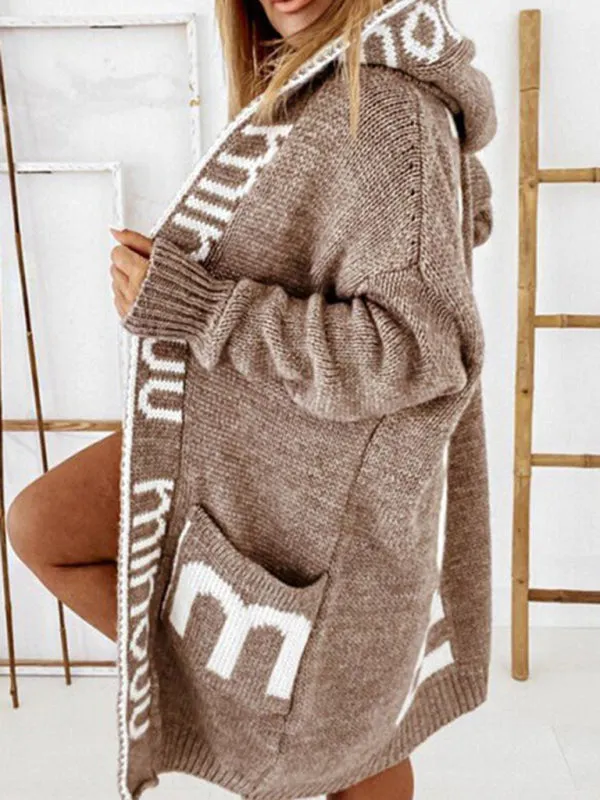 Women's  Letter Print Hooded Cardigan