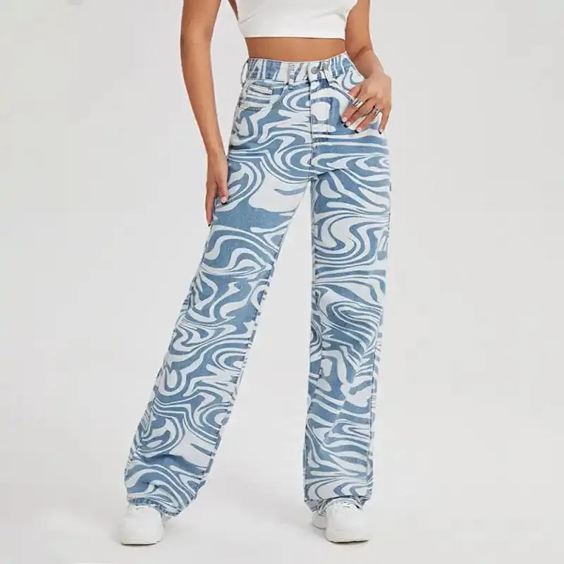 Women’s loose water ripple printed straight denim trousers