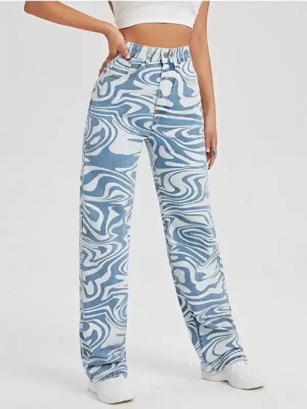 Women’s loose water ripple printed straight denim trousers