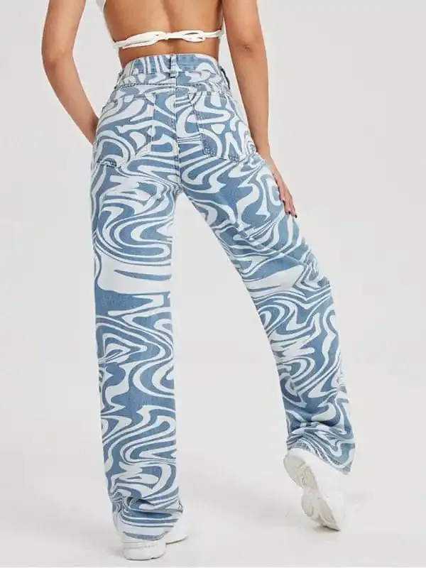 Women’s loose water ripple printed straight denim trousers