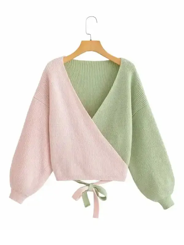 Women’s New Contrast Color Splicing Cross-Strap Long Sleeve Loose Knitted Sweater Pullover