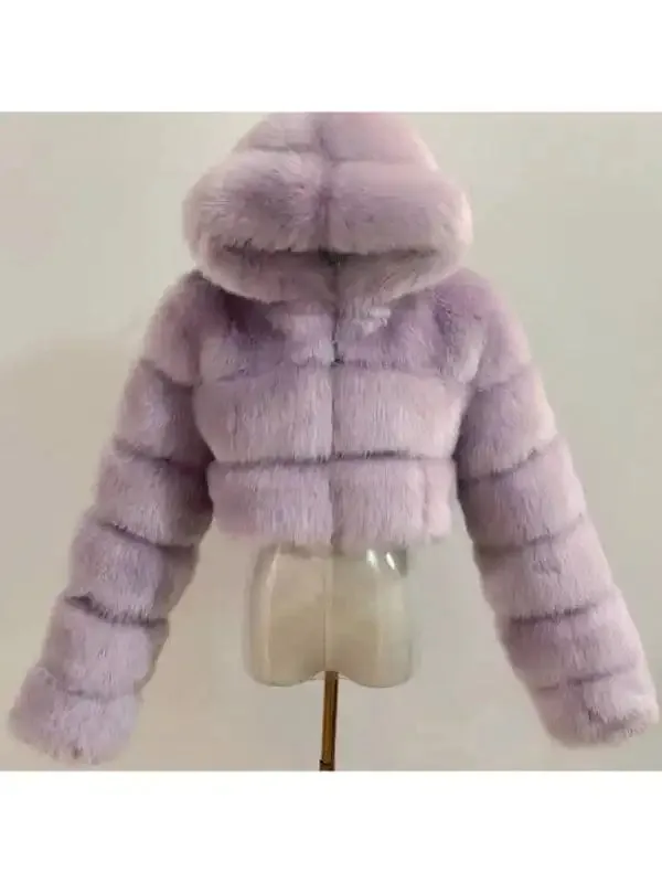 Women’s Short Faux Fur Coat With Hood and Long Sleeve Patchwork