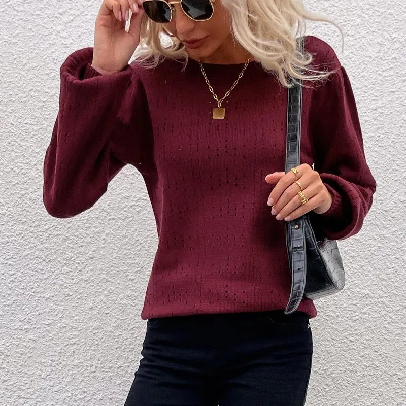 Women's solid color lantern sleeve hollow sweater