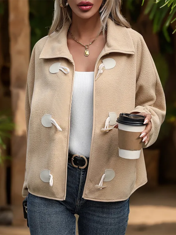 Women's Street Fashion Cropped Jacket Loose Polar Fleece Lapel Horn Button Coat