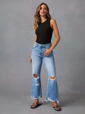 Women’s tassel washed ripped wide leg jeans